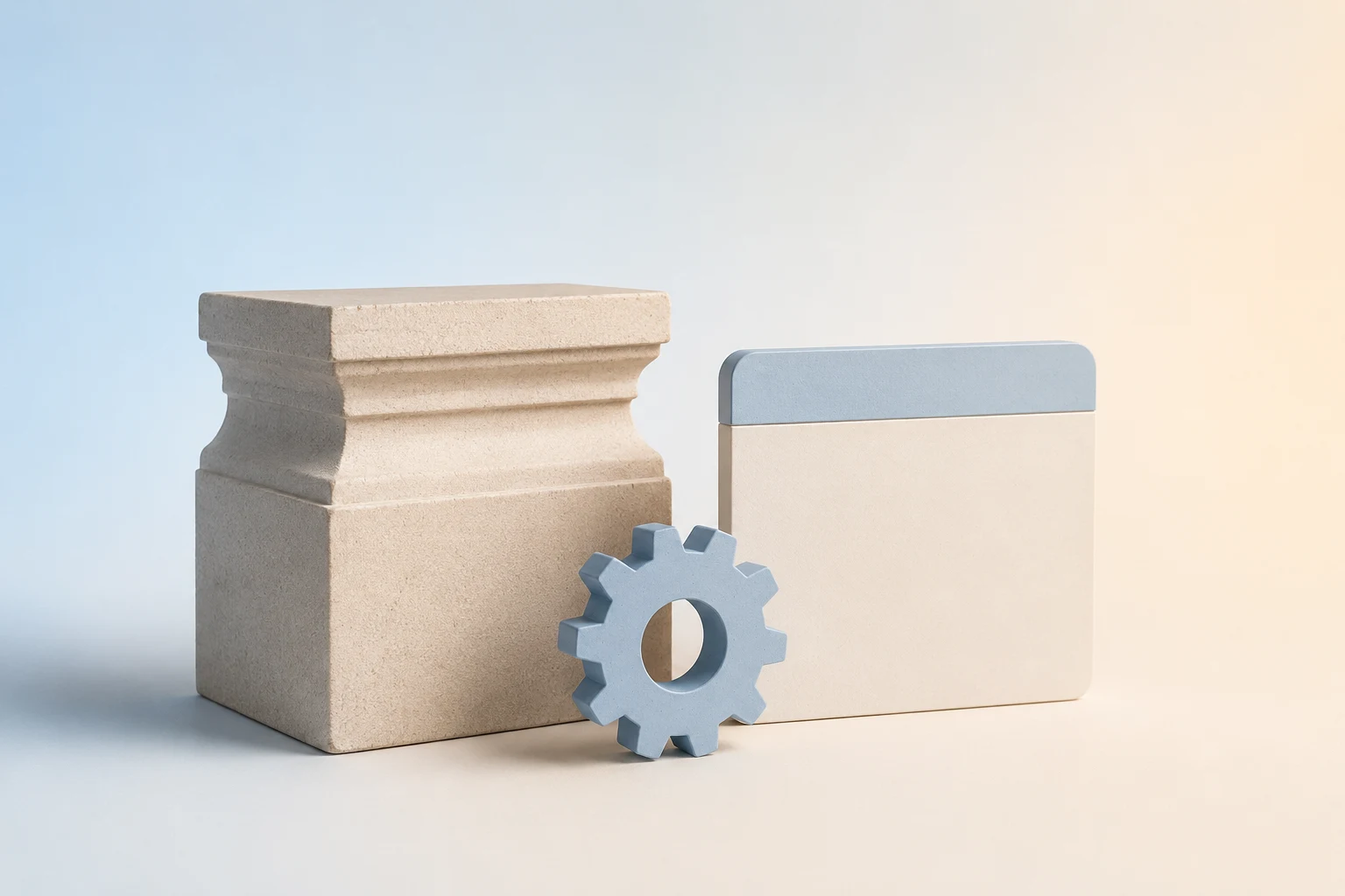 Ilustración minimalista en tonos azules pastel: una piedra angular, un engranaje y un navegador.